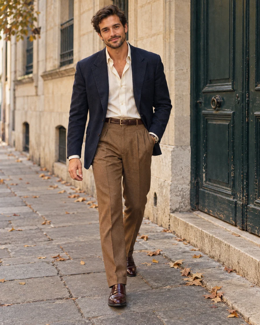 Détail d’un blazer marine, d’une chemise claire et d’un pantalon tabac à pinces.