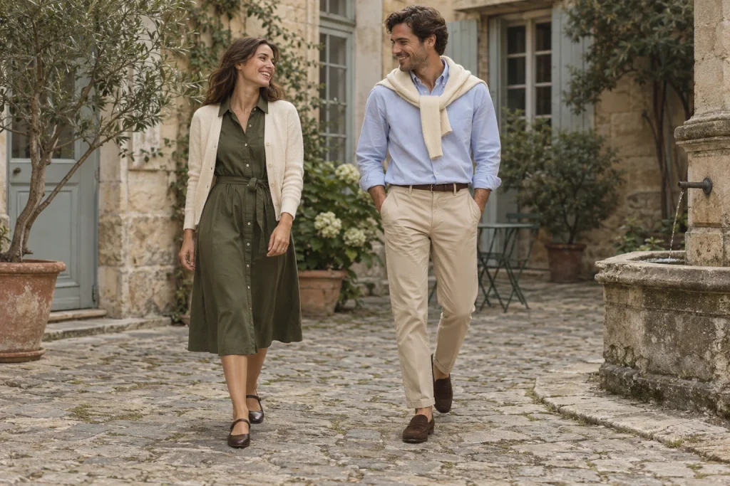 Une femme en robe chemise olive et cardigan écru marche avec un homme en Oxford bleu clair, chino sable et maille sur les épaules, dans une cour en pierre.