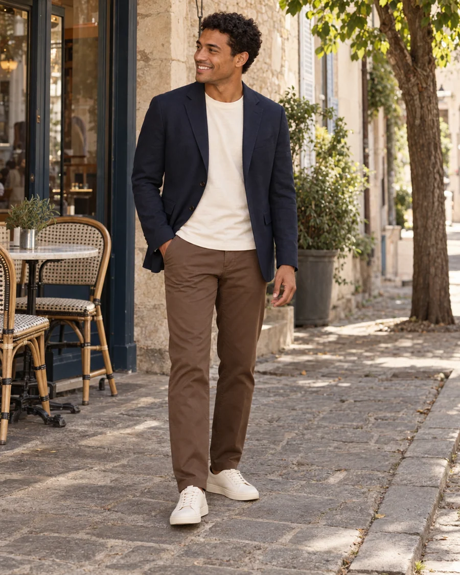 Un homme souriant porte un blazer marine sur un t-shirt écru, un pantalon brun et des baskets claires, devant un café.