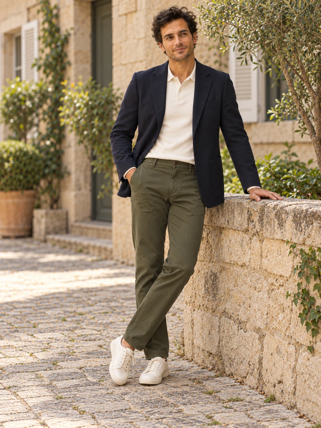 Un homme adulte porte un polo écru sous un blazer marine ouvert, avec un chino olive et des baskets écrues.