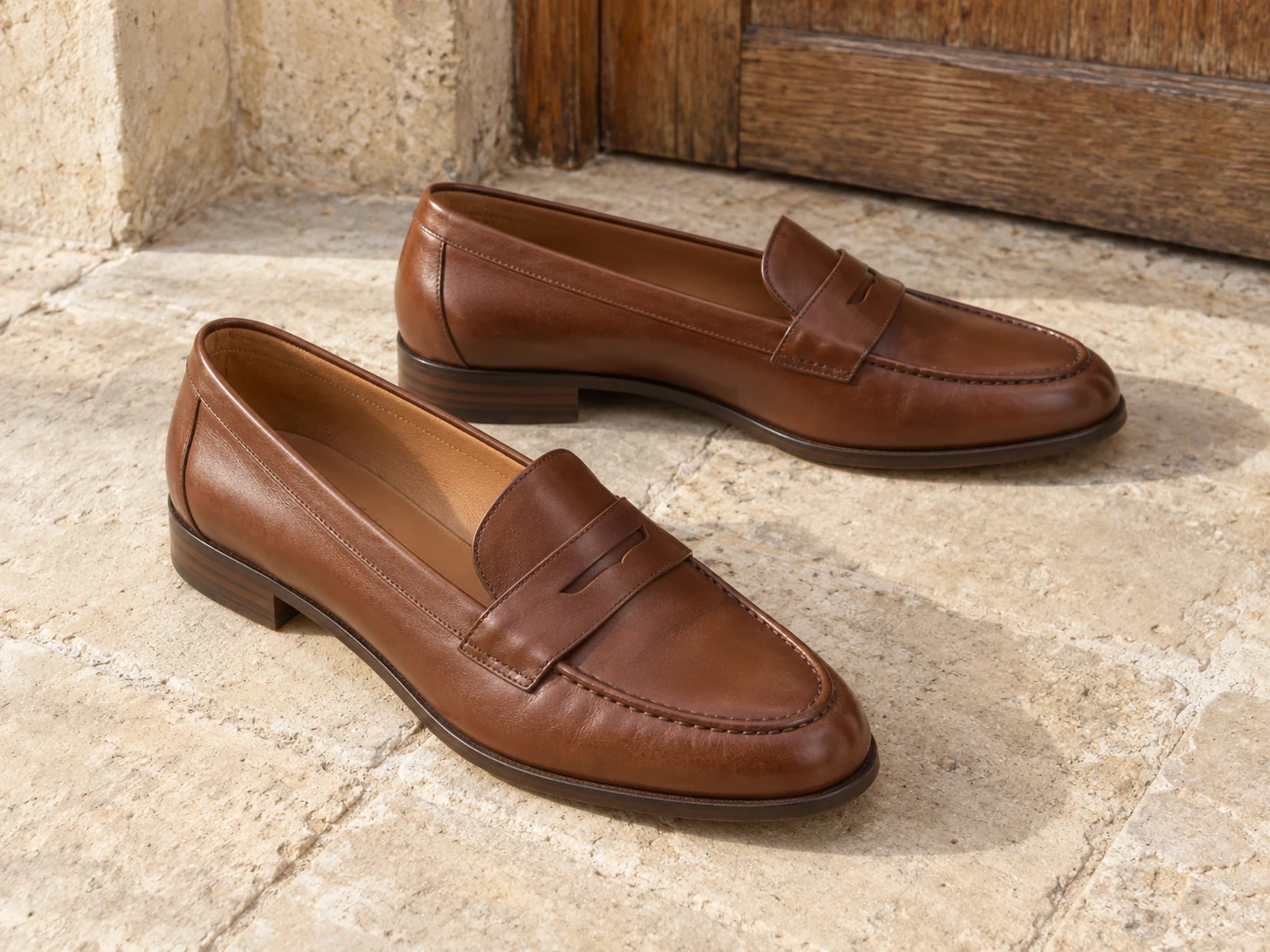 Une paire de mocassins bruns à barrette, présentés de trois quarts et de profil sur un sol en pierre claire.