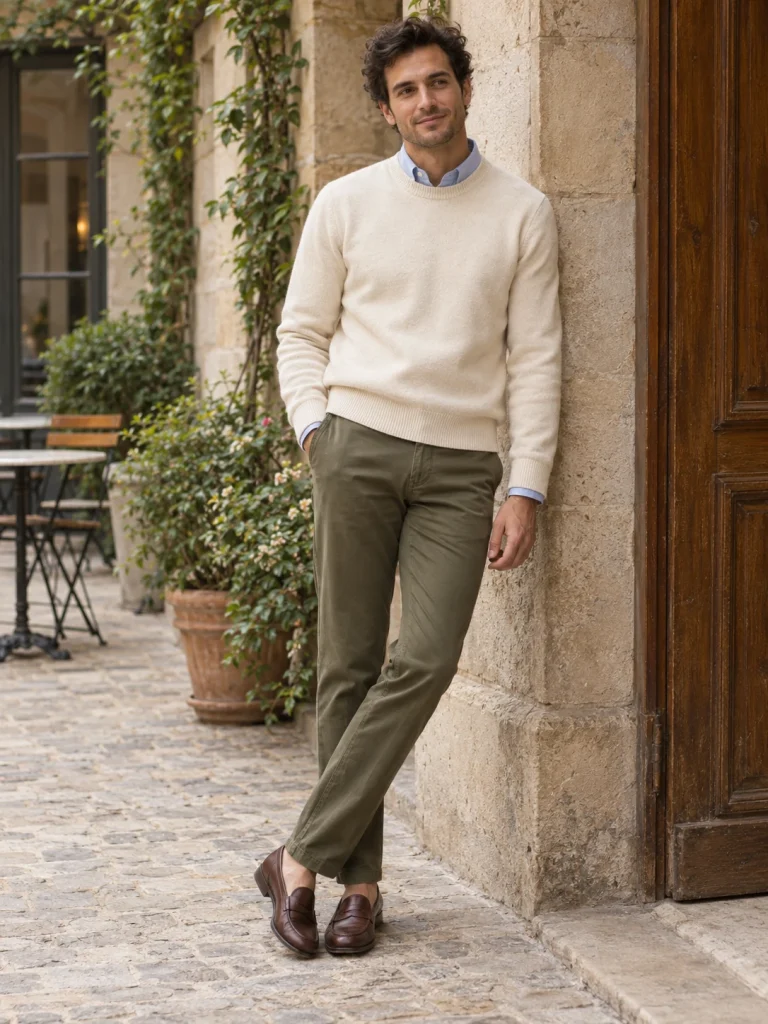 Un homme adulte porte une Oxford bleu clair sous un pull écru à col rond, un chino olive et des mocassins bruns dans une cour en pierre.