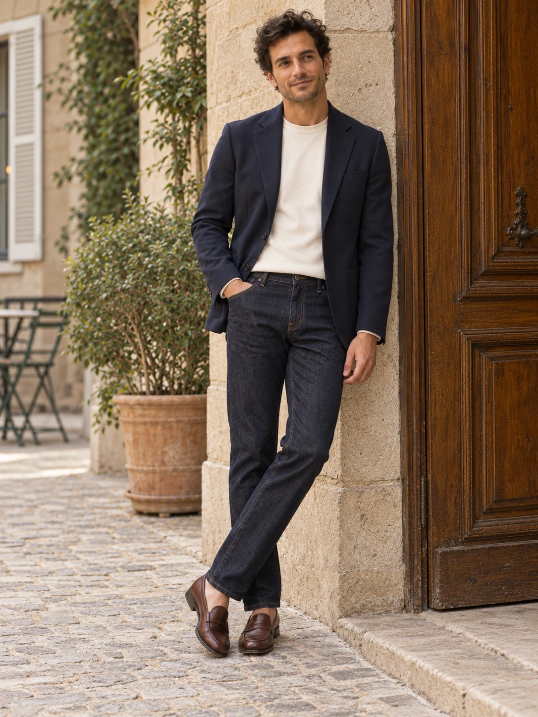 Un homme adulte portant un blazer marine ouvert sur un t-shirt écru, un jean brut droit et des mocassins bruns.