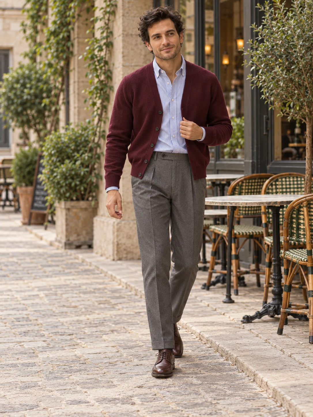 Cardigan bordeaux ouvert sur une chemise à fines rayures bleues et blanches, pantalon gris à pinces et derbies brunes, portés par un homme adulte près d’un café.