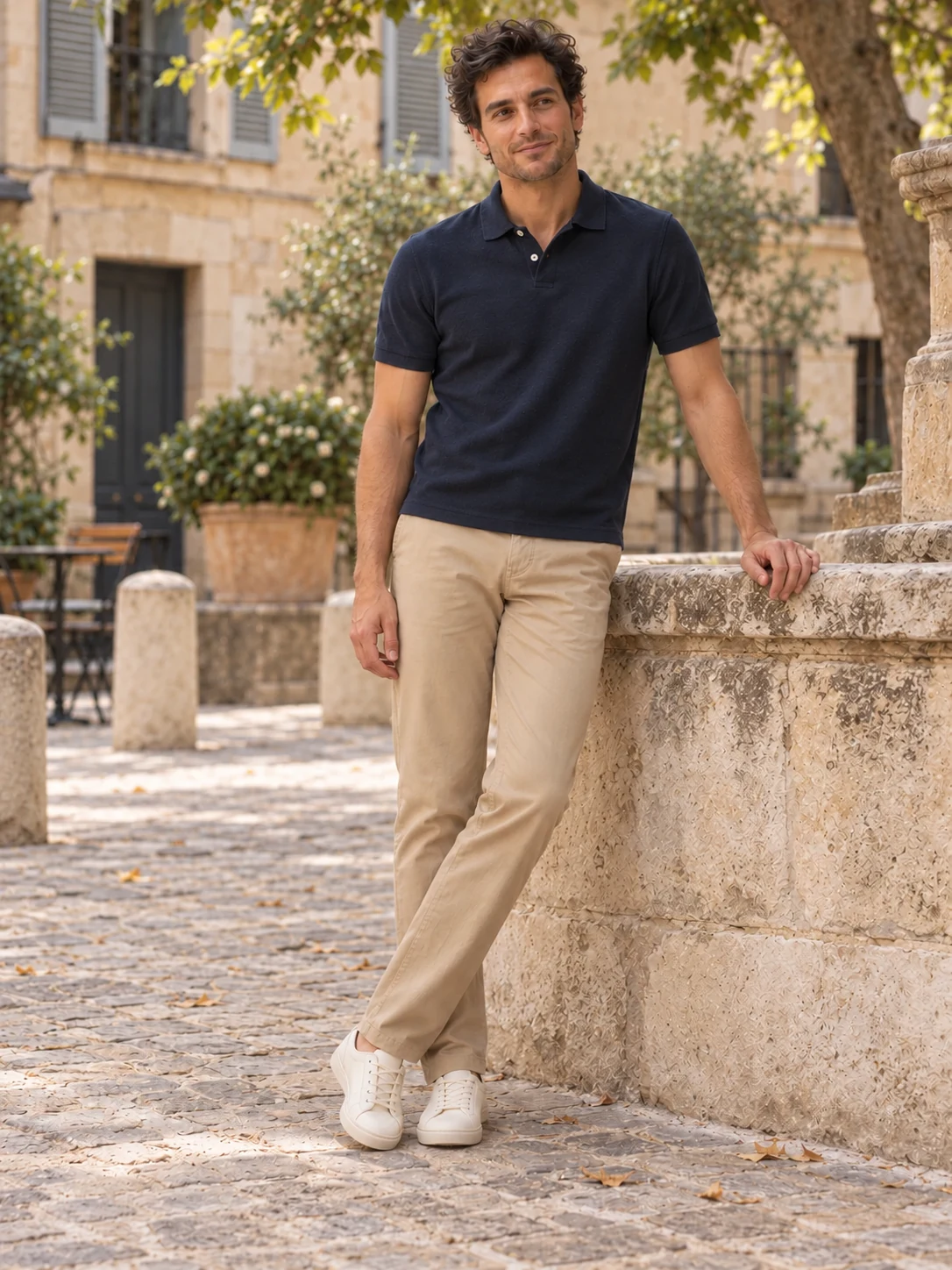 Le même homme en polo marine porté dehors au-dessus du chino sable, dans le même cadrage et avec les mêmes baskets écrues.